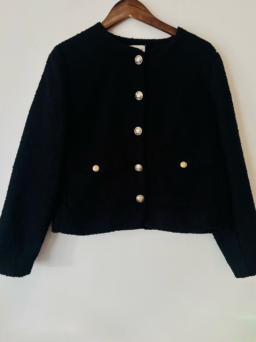 NWOT Elegant Black Bouclé Button-Front Blazer Jacket - Size M
